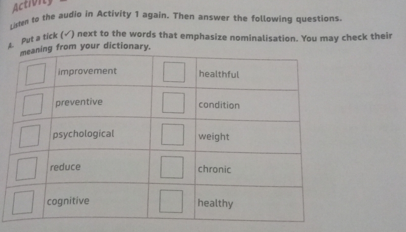 Activity 
Listen to the audio in Activity 1 again. Then answer the following questions. 
A. Put a tick (√) next to the words that emphasize nominalisation. You may check their 
om your dictionar