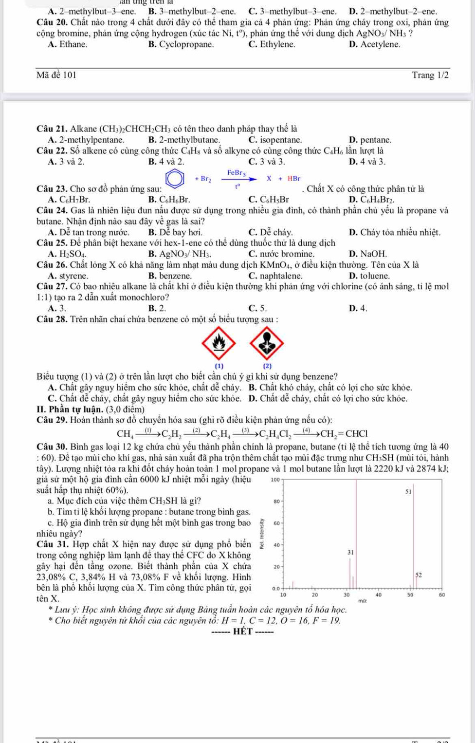 A. 2-methyIbut-3-ene. B. 3-methylbut-2-ene. C. 3-methylbut-3-ene. D. 2-methylbut-2-ene.
Câu 20. Chất nào trong 4 chất dưới đây có thể tham gia cả 4 phản ứng: Phản ứng cháy trong oxi, phản ứng
cộng bromine, phản ứng cộng hydrogen (xúc tác Ni,t^o) , phản ứng thể với dung dịch A gNO_3/NH 3 ?
A. Ethane. B. Cyclopropane. C. Ethylene. D. Acetylene.
Mã đề 101 Trang 1/2
Câu 21. Alkane (CH₃)₂CHCH₂CH₃ có tên theo danh pháp thay thể là
A. 2-methylpentane. B. 2-methylbutane. C. isopentane. D. pentane.
Câu 22. Số alkene có cùng công thức C₄H₈ và số alkyne có cùng công thức C4H₆ lần lượt là
A. 3 và 2. B. 4 và 2. C. 3 và 3. D. 4 và 3.
FeBr3 X+HBr
+ Br2
t°
Câu 23. Cho sơ đồ phản ứng sau: . Chất X có công thức phân tử là
A. C_6H_2B , B. C₆H₆Br. C. C_6H_5Br D. C₆H₄Br2.
Câu 24. Gas là nhiên liệu đun nấu được sử dụng trong nhiều gia đình, có thành phần chủ yểu là propane và
butane. Nhận định nào sau đây về gas là sai?
A. Dễ tan trong nước. B. Dễ bay hơi. C. Dễ cháy. D. Cháy tỏa nhiều nhiệt.
Câu 25. Để phân biệt hexane với hex-1-ene có thể dùng thuốc thử là dung dịch
A. H_2SO_4. B. AgNO_3/NH_3. C. nước bromine. D. NaOH.
Câu 26. Chất lóng X có khả năng làm nhạt màu dung dịch KMnO₄, ở điều kiện thường. Tên của X là
A. styrene. B. benzene. C. naphtalene. D. toluene.
Câu 27. Có bao nhiêu alkane là chất khí ở điều kiện thường khi phản ứng với chlorine (có ánh sáng, tỉ lệ mol
1:1) tạo ra 2 dẫn xuất monochloro?
A. 3. B. 2. C. 5. D. 4.
Câu 28. Trên nhãn chai chứa benzene có một số biểu tượng sau :
(1) (2)
Biểu tượng (1) và (2) ở trên lần lượt cho biết cần chú ý gì khi sử dụng benzene?
A. Chất gây nguy hiểm cho sức khóe, chất dễ cháy. B. Chất khó cháy, chất có lợi cho sức khỏe.
C. Chất dễ cháy, chất gây nguy hiểm cho sức khỏe. D. Chất dễ cháy, chất có lợi cho sức khỏe.
II. Phần tự luận. (3,0 điểm)
Câu 29. Hoàn thành sơ đồ chuyển hóa sau (ghi rõ điều kiện phản ứng nếu có):
CH_4xrightarrow 4C_2H_2xrightarrow (2)C_2H_4to C_2H_4Cl_2to CH_2=CHCl
Câu 30. Bình gas loại 12 kg chứa chủ yểu thành phần chính là propane, butane (tỉ lệ thể tích tương ứng là 40
: 60). Đê tạo mùi cho khí gas, nhà sản xuất đã pha trộn thêm chất tạo mùi đặc trưng như CH₃SH (mùi tỏi, hành
tây). Lượng nhiệt tỏa ra khi đốt cháy hoàn toàn 1 mol propane và 1 mol butane lần lượt là 2220 kJ và 2874 kJ;
giả sử một hộ gia đình cần 6000 kJ nhiệt mỗi ngày (hiệu 100
suất hấp thụ nhiệt 60%). 51
a. Mục đích của việc thêm CH₃SH là gì? 80
b. Tìm tỉ lệ khổi lượng propane : butane trong bình gas.
c. Hộ gia đình trên sử dụng hết một bình gas trong bao 60
nhiêu ngày?
Câu 31. Hợp chất X hiện nay được sử dụng phổ biển 40
trong công nghiệp làm lạnh đê thay thê □ FC do X không
gây hại đền tầng ozone. Biết thành phần của X chứa 20
23,08% C, 3,84% H và 73,08% F về khổi lượng. Hình
52
bên là phố khổi lượng của X. Tìm công thức phân tử, gọi 0º30 20 30 40 50 60
tên X. m/z
Lưu ý: Học sinh không được sử dụng Bảng tuân hoàn các nguyên tồ hóa học.
Cho biết nguyên tử khổi của các nguyên tổ: H=1,C=12,O=16,F=19.
HET