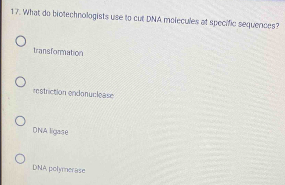 What do biotechnologists use to cut DNA molecules at specific sequences?
transformation
restriction endonuclease
DNA ligase
DNA polymerase