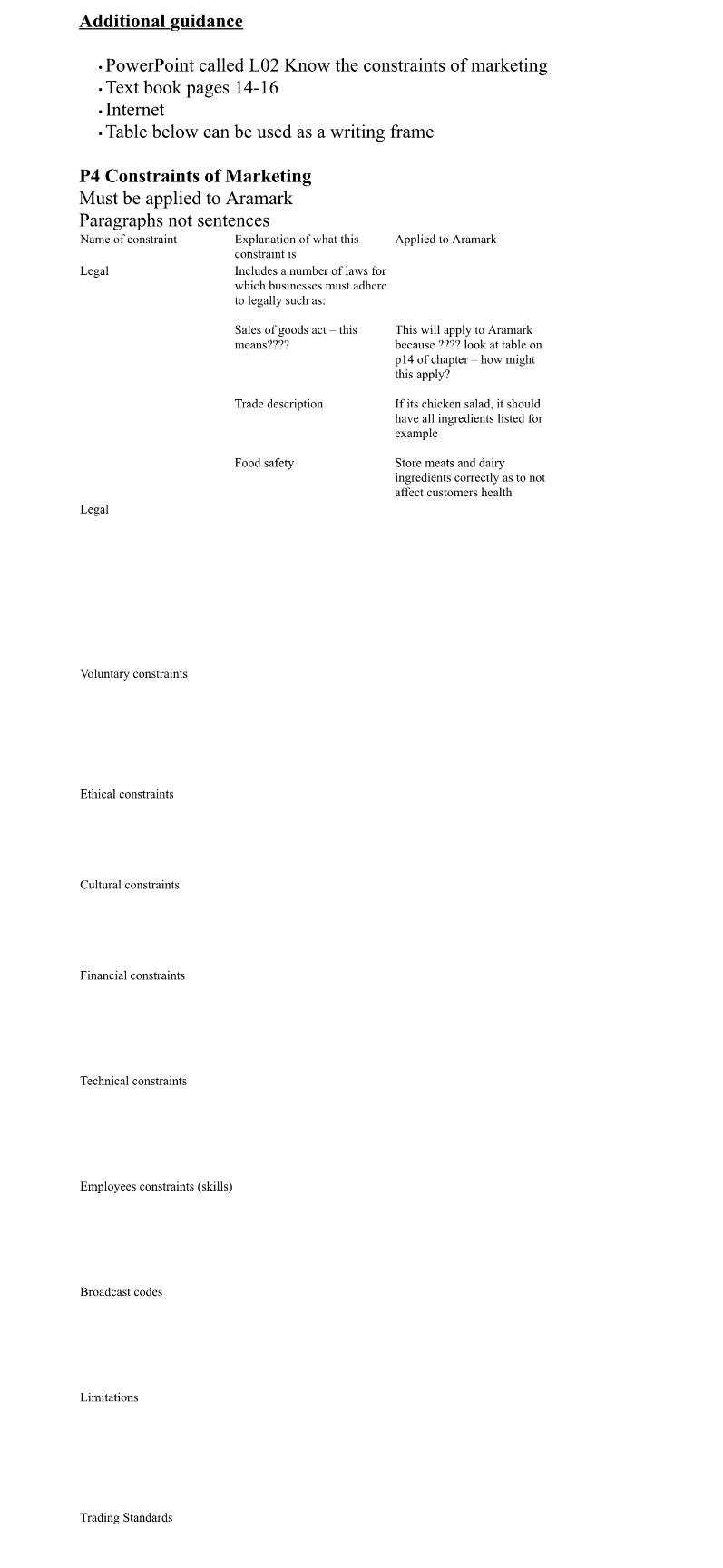 Additional guidance 
·PowerPoint called L02 Know the constraints of marketing 
· Text book pages 14-16 
• Internet 
· Table below can be used as a writing frame 
P4 Constraints of Marketing 
Must be applied to Aramark 
Paragraphs not sentences 
Name of constraint Explanation of what this 
constraint is 
Legal Includes a number of laws for 
which businesses must adhere 
to legally such as: 
Sales of goods act - this This will apply to Aramark 
means???? because ???? look at table on 
p14 of chapter - how might 
this apply ? 
If its chicken salad, it should 
have all ingredients listed for 
example 
Food safety Store meats and dairy 
ingredients correctly as to not 
Legal 
Voluntary constraints 
Ethical constraints 
Cultural constraints 
Employees constraints (skills) 
Broadcast codes 
Limitations 
Trading Standards