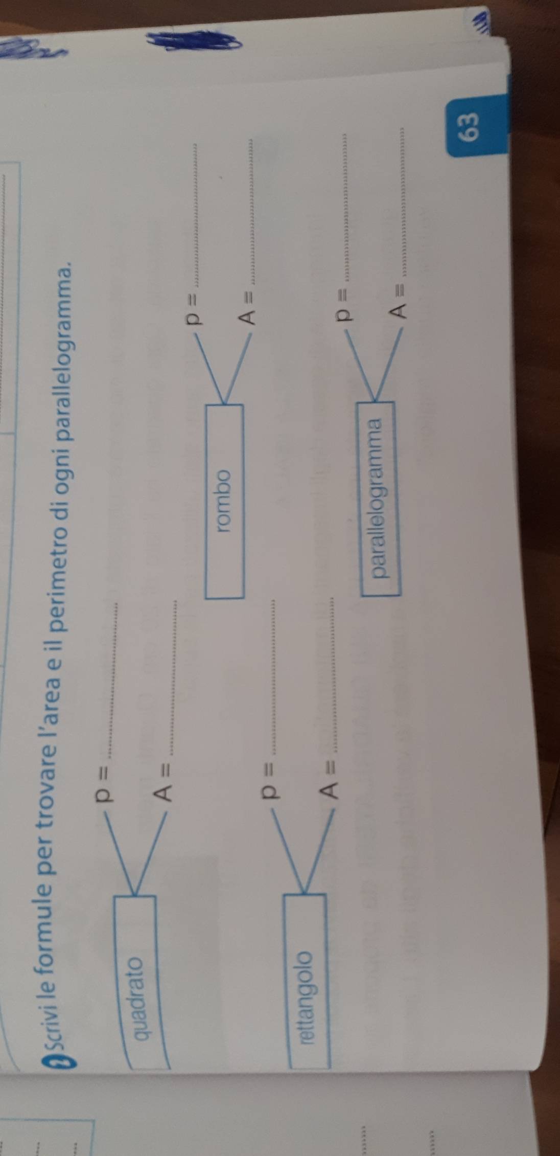 Scrivi le formule per trovare l’area e il perimetro di ogni parallelogramma. 
_ p=
quadrato
A= _ 
_ p=
rombo 
_ A=
p= _ 
rettangolo 
_ A=
p= _ 
parallelogramma 
_ A=
63