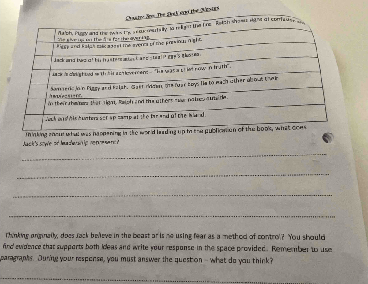 ell and the Glasses 
Thinking about what was 
Jack's style of leadership represent? 
_ 
_ 
_ 
_ 
Thinking originally, does Jack believe in the beast or is he using fear as a method of control? You should 
find evidence that supports both ideas and write your response in the space provided. Remember to use 
paragraphs. During your response, you must answer the question — what do you think?