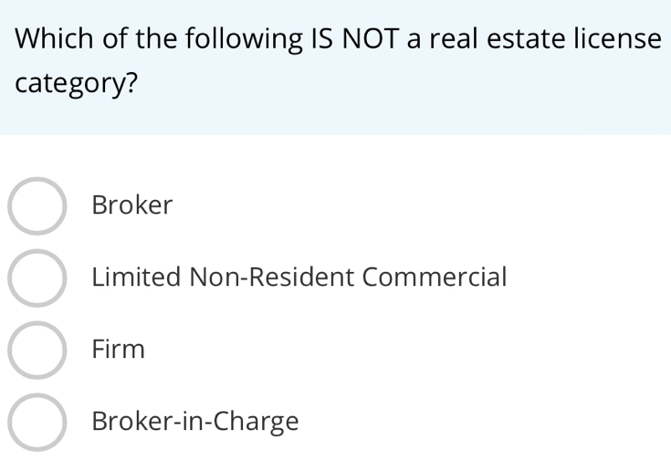 Solved: Which of the following IS NOT a real estate license category ...