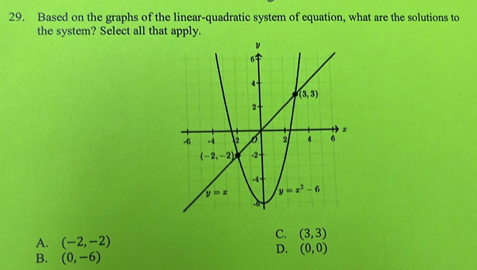 Based on the graphs of the linear-quadratic system of equation, what are the solutions to
the system? Select all that apply.
C. (3,3)
A. (-2,-2)
D. (0,0)
B. (0,-6)