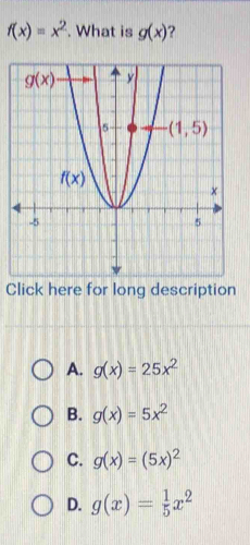 f(x)=x^2. What is g(x) ?
Click here for long description
A. g(x)=25x^2
B. g(x)=5x^2
C. g(x)=(5x)^2
D. g(x)= 1/5 x^2