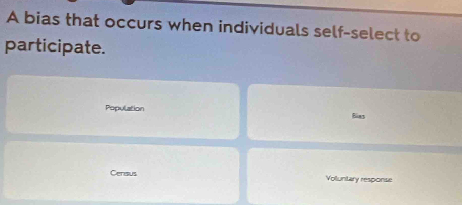 A bias that occurs when individuals self-select to
participate.
Population Bias
Census Voluntary response