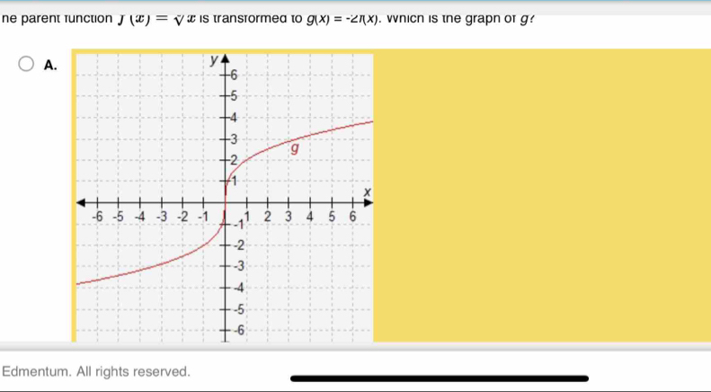 ne parent function J(x)=sqrt(x) is transformed to g(x)=-2π x). Whicn is the grapn of g? 
A. 
Edmentum. All rights reserved.