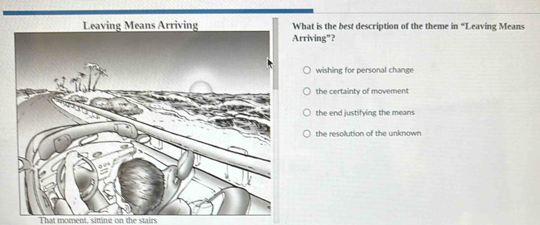 hat is the best description of the theme in “Leaving Means
rriving”?
wishing for personal change
the certainty of movement
the end justifying the means
the resolution of the unknown
That moment, sitting on the stairs