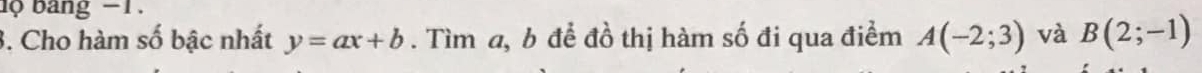 độ bang −1. 
3. Cho hàm số bậc nhất y=ax+b. Tìm a, b để đồ thị hàm số đi qua điểm A(-2;3) và B(2;-1)