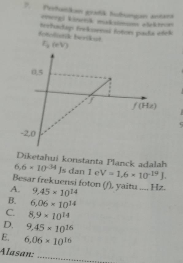 ?. Peehumkai gradik hutbungan aneana
eneŋpi kinenk maksimum elektron
terhudap frekuensi foton pada efek
fotolistik berikut.
E_2(eV)

Diketahui konstanta Planck adalah
6,6* 10^(-34) Js dan 1 e V=1,6* 10^(-19)J.
Besar frekuensi foton (f), yaitu .... Hz.
A. 9,45* 10^(14)
B. 6,06* 10^(14)
C. 8,9* 10^(14)
D. 9,45* 10^(16)
E. 6,06* 10^(16)
Alasan:
_