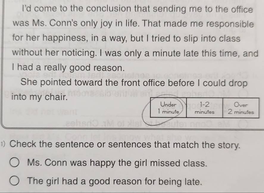 I'd come to the conclusion that sending me to the office 
was Ms. Conn's only joy in life. That made me responsible 
for her happiness, in a way, but I tried to slip into class 
without her noticing. I was only a minute late this time, and 
I had a really good reason. 
She pointed toward the front office before I could drop 
into my chair. 
Under 1-2 Over
1 minute minutes 2 minutes
1) Check the sentence or sentences that match the story. 
Ms. Conn was happy the girl missed class. 
The girl had a good reason for being late.