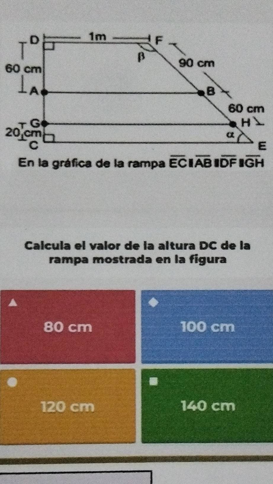 En la gráfica de la rampa overline EC overline AB IIoverline DF IGH
Calcula el valor de la altura DC de la
rampa mostrada en la figura
80 cm 100 cm
120 cm 140 cm