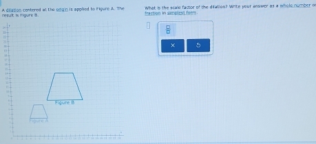 result is Figure B. A drjation centered at the orgin is applied to Pigure A. The fraction in samplest form. What is the scale factor of the dilation? Write your answer as a whole number of
24
 □ /□  
×