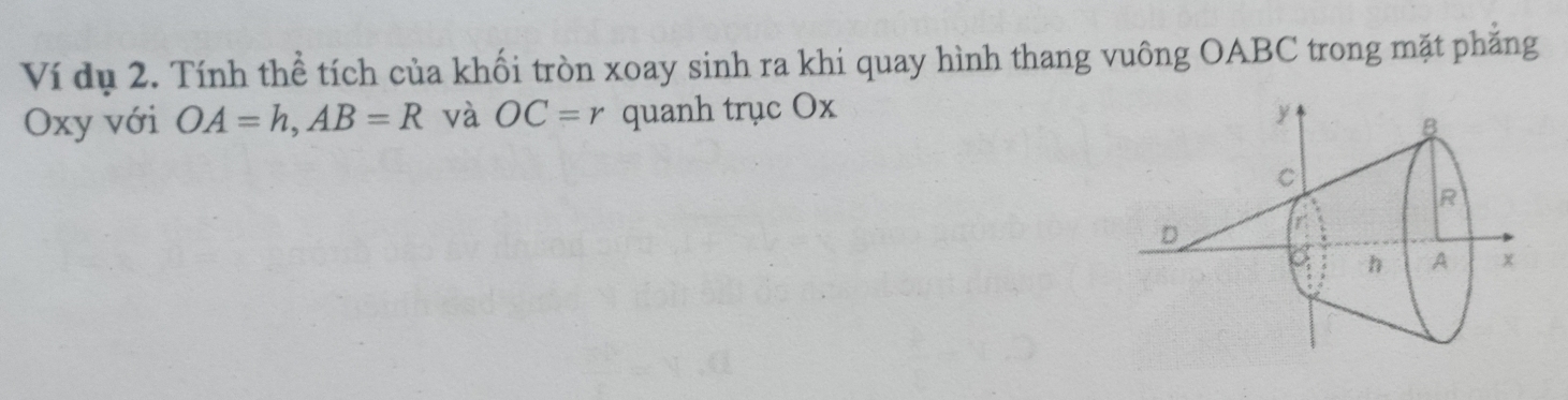 Ví dụ 2. Tính thể tích của khối tròn xoay sinh ra khi quay hình thang vuông OABC trong mặt phẳng
Oxy với OA=h, AB=R và OC=r quanh trục Ox