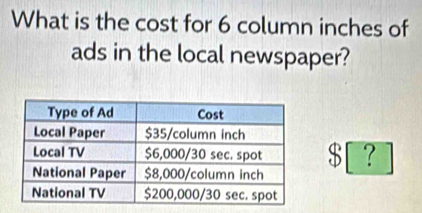Solved: What is the cost for 6 column inches of ads in the local ...