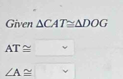 Given △ CAT≌ △ DOG
AT≌
∠ A≌ □