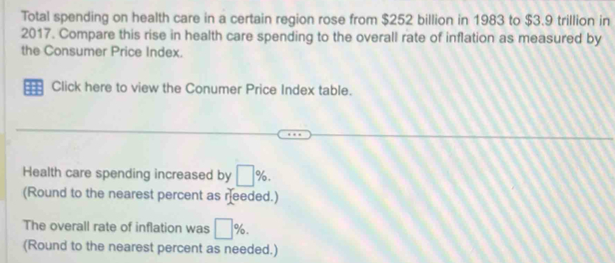 Total spending on health care in a certain region rose from $252 billion in 1983 to $3.9 trillion in 
2017. Compare this rise in health care spending to the overall rate of inflation as measured by 
the Consumer Price Index. 
:=: Click here to view the Conumer Price Index table. 
Health care spending increased by □ %. 
(Round to the nearest percent as reeded.) 
The overall rate of inflation was □ %. 
(Round to the nearest percent as needed.)