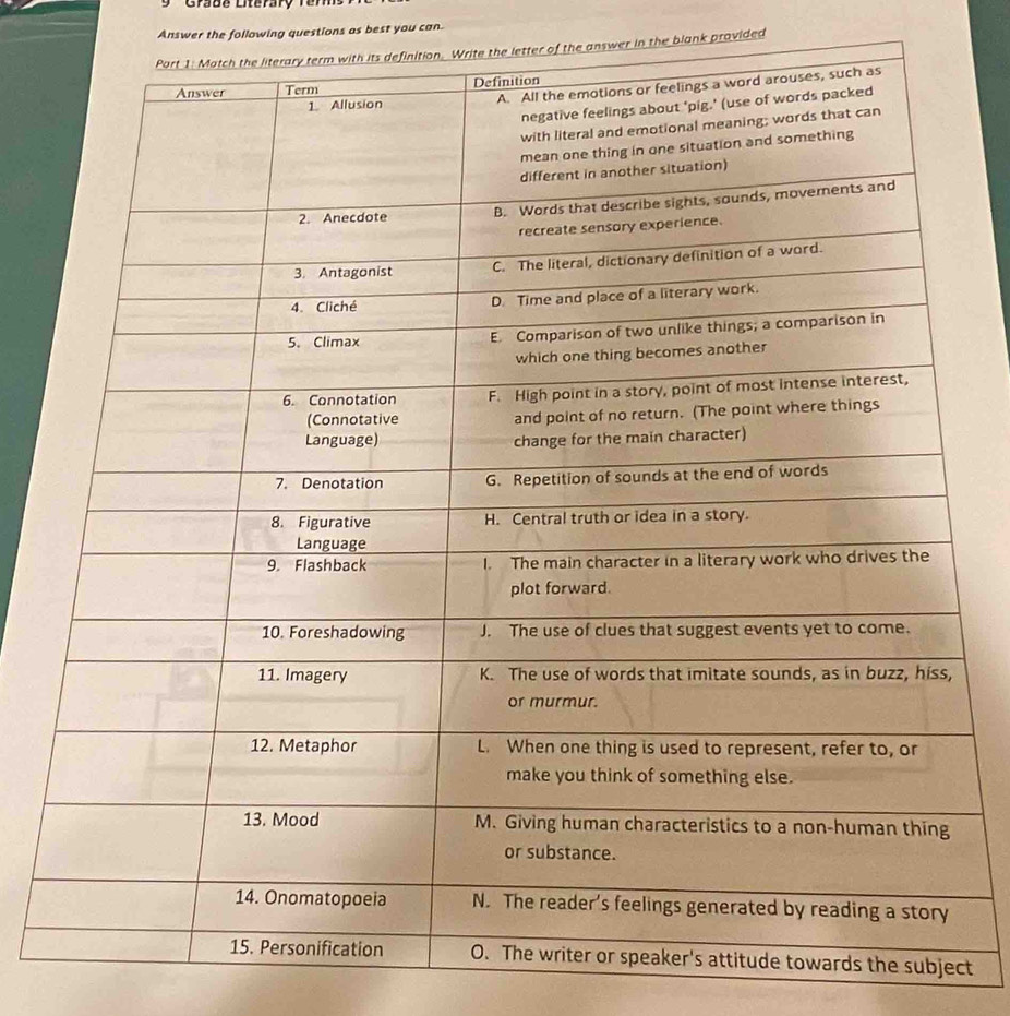 Grabe Uterary ren 
Answer the following questions as best you can. 
etter of the answer in the blank provided 
the subject