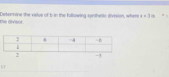 Determine the value of b in the following synthetic division, where x+3 is 1
the divisor.
17