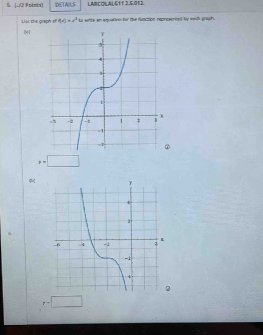 DETAILS LARCOLALG11 2.5.012. 
Use the graph of f(x)=x^3 to write an equation for the function represented by each graph. 
(a)
y=□
(b)
y=□