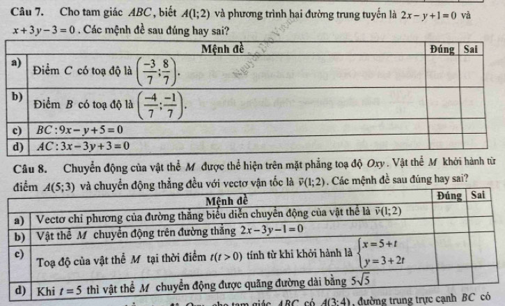 Cho tam giác ABC, biết A(1;2) và phương trình hai đường trung tuyến là 2x-y+1=0 và
x+3y-3=0. Các mệnh đề sau đúng hay sai?
Câu 8. Chuyển động của vật thể M được thể hiện trên mặt phẳng toạ độ Oxy . Vật thể M khởi hành từ
u với vectơ vận tốc là overline v(1;2). Các mệnh đề sau đúng hay sai?
A c ABC có A(3:4) , đường trung trự