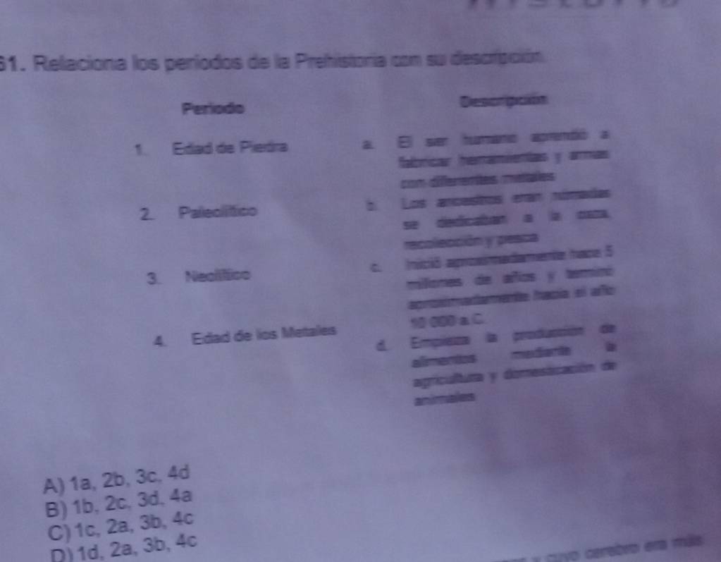 Relaciona los períodos de la Prehistoria con su descripción
Periodo Descrpción
1. Edad de Piedra a. El ser humano aprendió a
fabricar henamientas y armas
com diferentes méales
2 Paleolítico Los ancashos eran númades
se dedicatan a la cara
recolección y pesca
3. Nealítico c. Inició aproaimadamente hace 5
millones de años y teminó
aproimadamenta hacía el año
4. Edad de los Metales 10 000 a C
d. Empieza la producción de
alimentos medanta
agricultura y domesticación de
animales
A) 1a, 2b, 3c, 4d
B) 1b, 2c, 3d, 4a
C) 1c, 2a, 3b, 4c
D) 1d, 2a, 3b, 4c
guyo cerrebro era máis