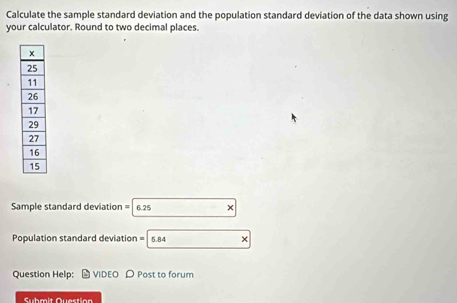 Calculate the sample standard deviation and the population standard deviation of the data shown using 
your calculator. Round to two decimal places. 
Sample standard deviation = 6.25 × 
Population standard deviation =|5.84 × 
Question Help: VIDEO 0 Post to forum 
Submit Questian