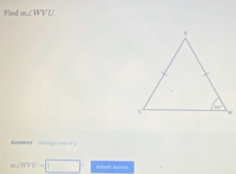 Find m∠ WVU.
Answer  Altampt 1 out of 3
m∠ WVU=□° Sobnit Answer