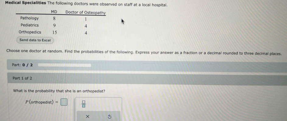 Medical Specialities The following doctors were observed on staff at a local hospital. 
Send data to Excel 
Choose one doctor at random. Find the probabilities of the following. Express your answer as a fraction or a decimal rounded to three decimal places. 
Part: 0 / 2 
Part 1 of 2 
What is the probability that she is an orthopedist? 
P (orthopedist) = □  □ /□   
×