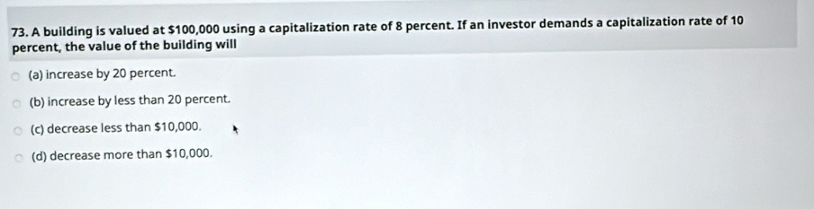 Solved: A building is valued at $100,000 using a capitalization rate of ...