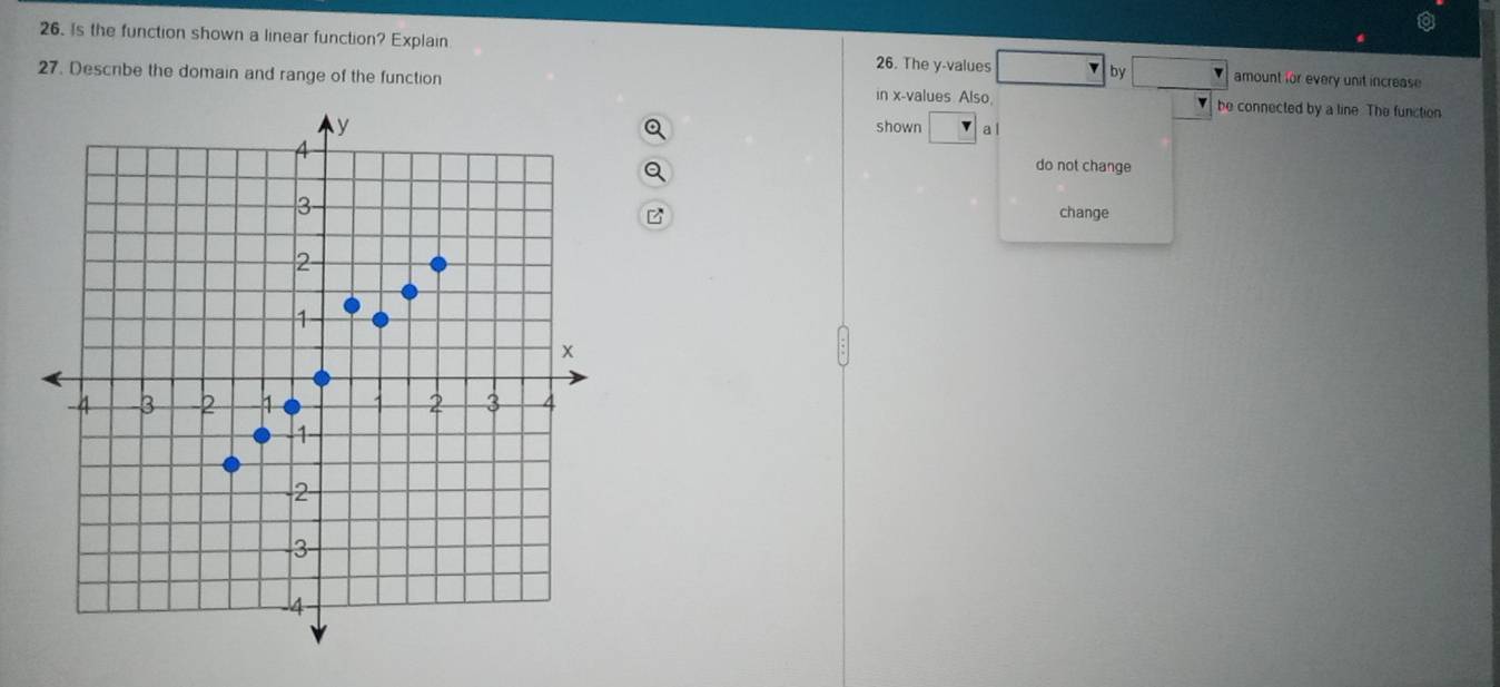 Is the function shown a linear function? Explain 26. The y -values by amount for every unit increase 
27. Describe the domain and range of the function in x -values Also, v be connected by a line. The function 
shown a l
do not change 
change