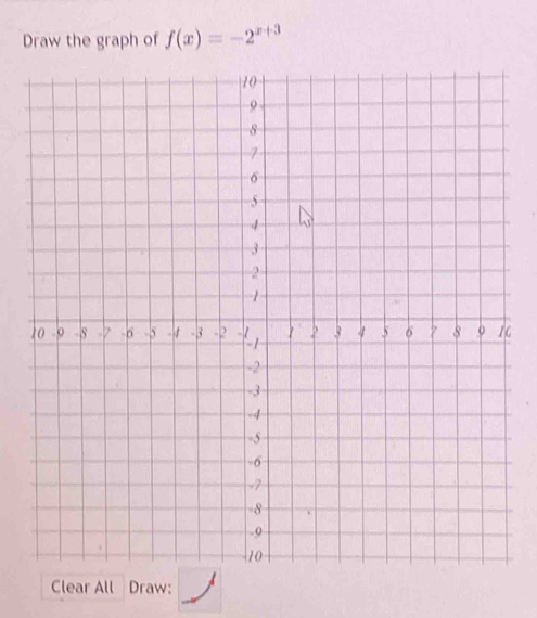 Draw the graph of f(x)=-2^(x+3)
6
Clear All Draw: