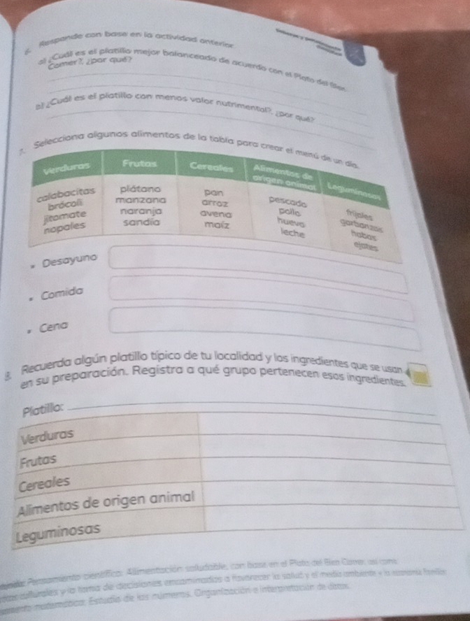 Respande con base en la actividad anterion 
Comer? ¿par que? 
_ 
al ¿ Cudi es el platillo mejor balanceado de acuerdo con el Ploto del (bee 
_ 
al¿Cuál es el platillo con menos valor nutrimental?, ¿por qué? 
ecciona algunos alimentos de la tabla 
De 
Comida 
Cena 
s Recuerda algún platillo típico de tu localidad y los ingredientes que se usan 
en su preparación. Registra a qué grupo pertenecen esos ingredientes. 
ejeda Persamiento científica: Allimentación soludable, con base en el Plato del Blen Carrer esl cons 
r cuffurales y la toma de decisiones encaminados a fovarecer la satuó y el media ambinte y la conone fello 
emento naterática: Estudia de las múmeros. Onganización a interpretación de datos