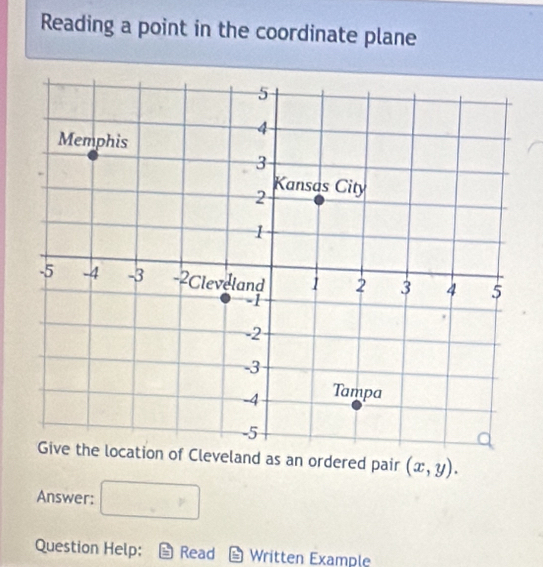 Reading a point in the coordinate plane 
Give the location of Cleveland as an ordered pair (x,y). 
Answer: □ 
Question Help: Read Written Example