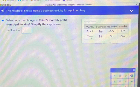 Ready Practice: Add and Subtract Integers — Practice — Level G 
× 
⑷ The notebook shows Reina's business activity for April and May. 
◆ What was the change in Reina's monthly profit Ledger Sheet_ 
from April to May? Simplify the expression.
-3-7=□...
7 8 9
4 5 6