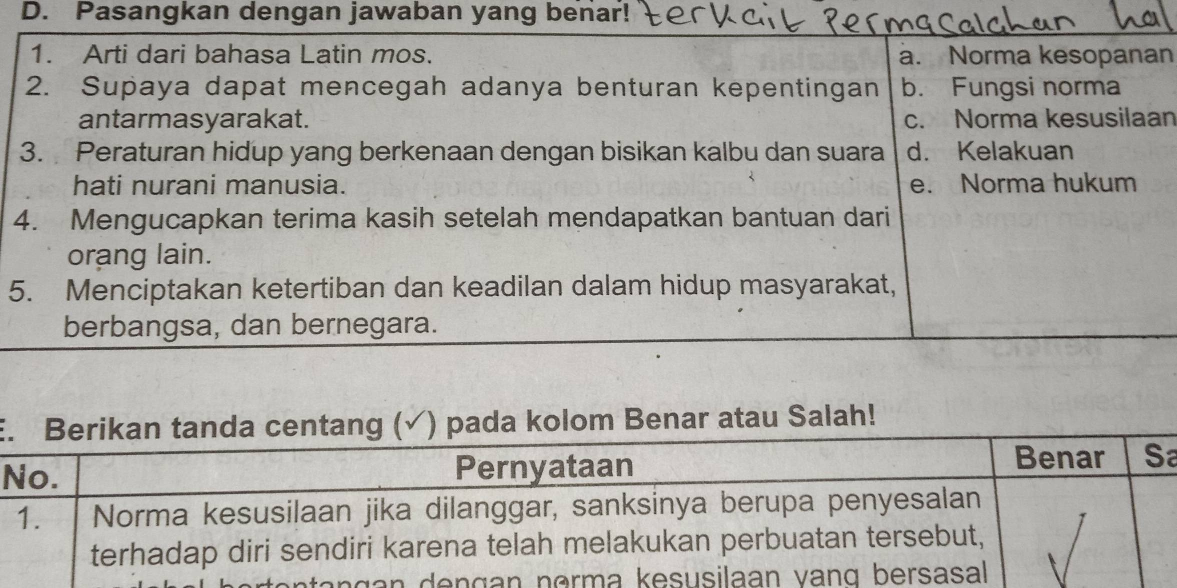 Pasangkan dengan jawaban yang benar!
1. Arti dari bahasa Latin mos. a. Norma kesopanan
2. Supaya dapat mencegah adanya benturan kepentingan b. Fungsi norma
antarmasyarakat. c. Norma kesusilaan
3. Peraturan hidup yang berkenaan dengan bisikan kalbu dan suara d. Kelakuan
hati nurani manusia. e. Norma hukum
4. Mengucapkan terima kasih setelah mendapatkan bantuan dari
orang lain.
5. Menciptakan ketertiban dan keadilan dalam hidup masyarakat,
berbangsa, dan bernegara.
Etau Salah!
a
g an