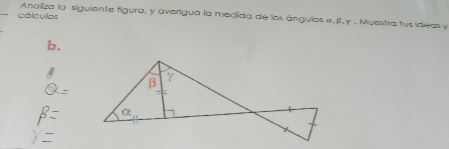 Analiza la siguiente figura, y averigua la medida de los ángulos α, β, γ. Muestra tus ideas y 
cálculos 
b.