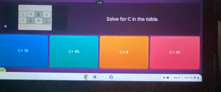 Solve for C in the table.
C=10
C=40
C=9
C=45
Sep 27 9:25 UB