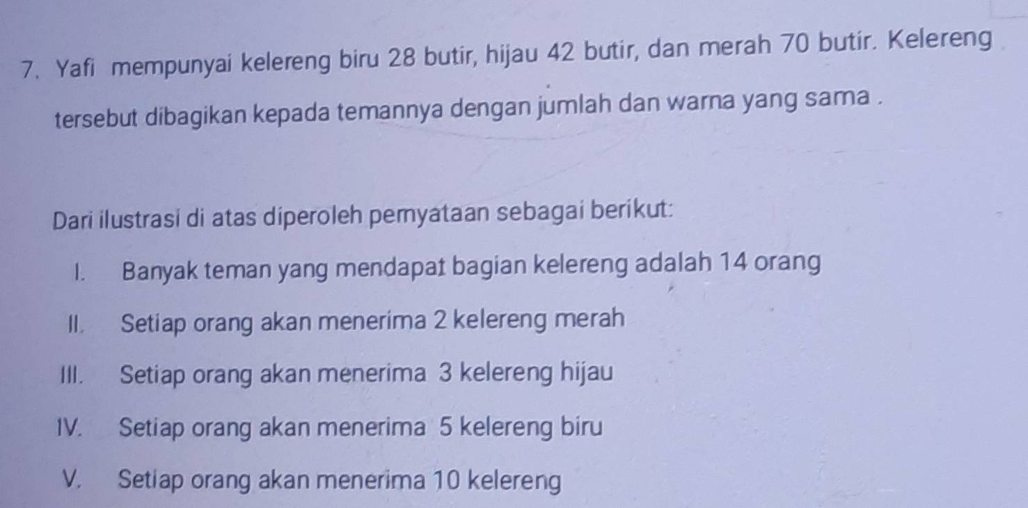 Yafi mempunyai kelereng biru 28 butir, hijau 42 butir, dan merah 70 butir. Kelereng
tersebut dibagikan kepada temannya dengan jumlah dan warna yang sama .
Dari ilustrasi di atas diperoleh pemyataan sebagai berikut:
I. Banyak teman yang mendapat bagian kelereng adalah 14 orang
II. Setiap orang akan menerima 2 kelereng merah
III. Setiap orang akan menerima 3 kelereng hijau
IV. Setiap orang akan menerima 5 kelereng biru
V. Setiap orang akan menerima 10 kelereng