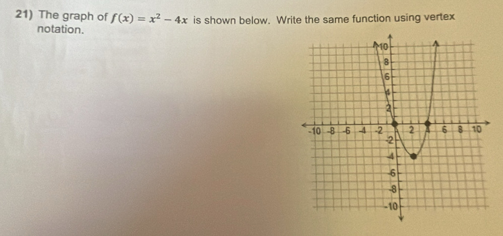 The graph of f(x)=x^2-4x is shown below. Write the same function using vertex 
notation.