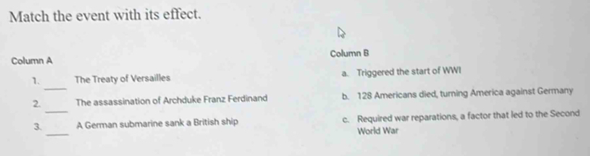 Match the event with its effect.
Column A Column B
_
1. The Treaty of Versailles a. Triggered the start of WWI
_
2. The assassination of Archduke Franz Ferdinand b. 128 Americans died, turning America against Germany
_
3. A German submarine sank a British ship c. Required war reparations, a factor that led to the Second
World War