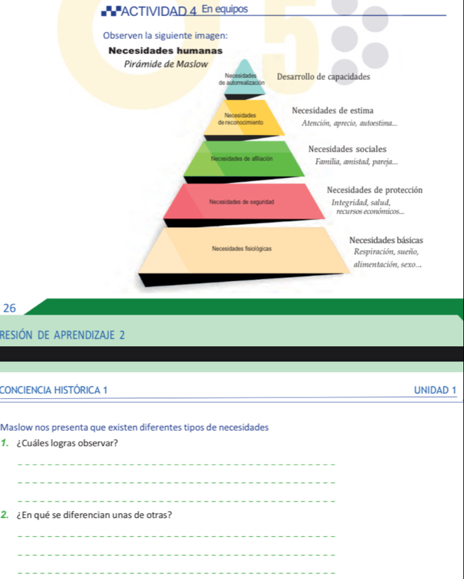 ACTIVIDAD 4 En equipos 
26 
RESIÓN DE APRENDIZAJE 2 
CONCIENCIA HISTÓRICA 1 UNIDAD 1 
Maslow nos presenta que existen diferentes tipos de necesidades 
1. ¿Cuáles logras observar? 
_ 
_ 
_ 
2. ¿En qué se diferencian unas de otras? 
_ 
_ 
_