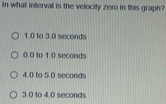 In what interval is the velocity zero in this graph?
1.0 to 3.0 seconds
0.0 to 1.0 seconds
4.0 to 5.0 seconds
3.0 to 4.0 seconds