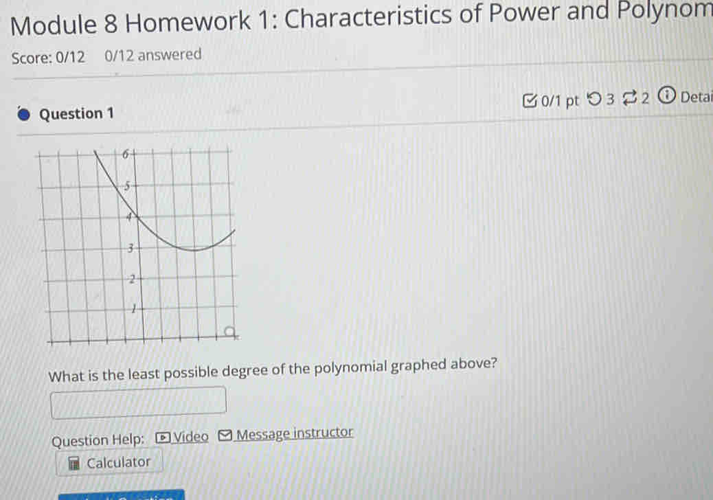 Module 8 Homework 1: Characteristics of Power and Polynom 
Score: 0/12 0/12 answered 
C 0/1 pt O3leftharpoons 2 Deta 
Question 1 
What is the least possible degree of the polynomial graphed above? 
Question Help: * Vídeo Message instructor 
Calculator