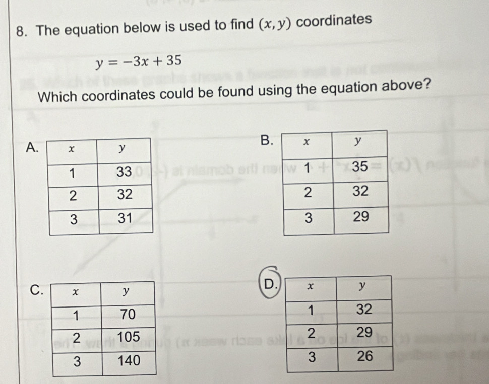 The equation below is used to find (x,y) coordinates
y=-3x+35
Which coordinates could be found using the equation above?
A.
B.


C.
D.