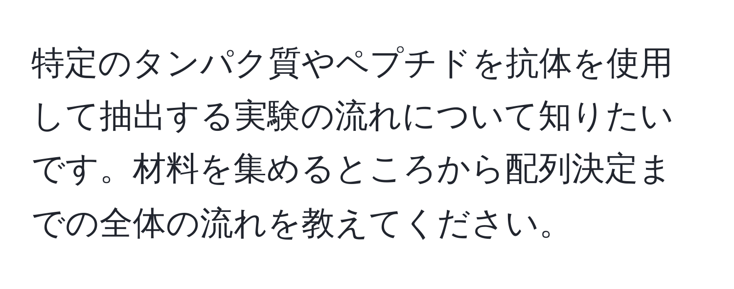 特定のタンパク質やペプチドを抗体を使用して抽出する実験の流れについて知りたいです。材料を集めるところから配列決定までの全体の流れを教えてください。