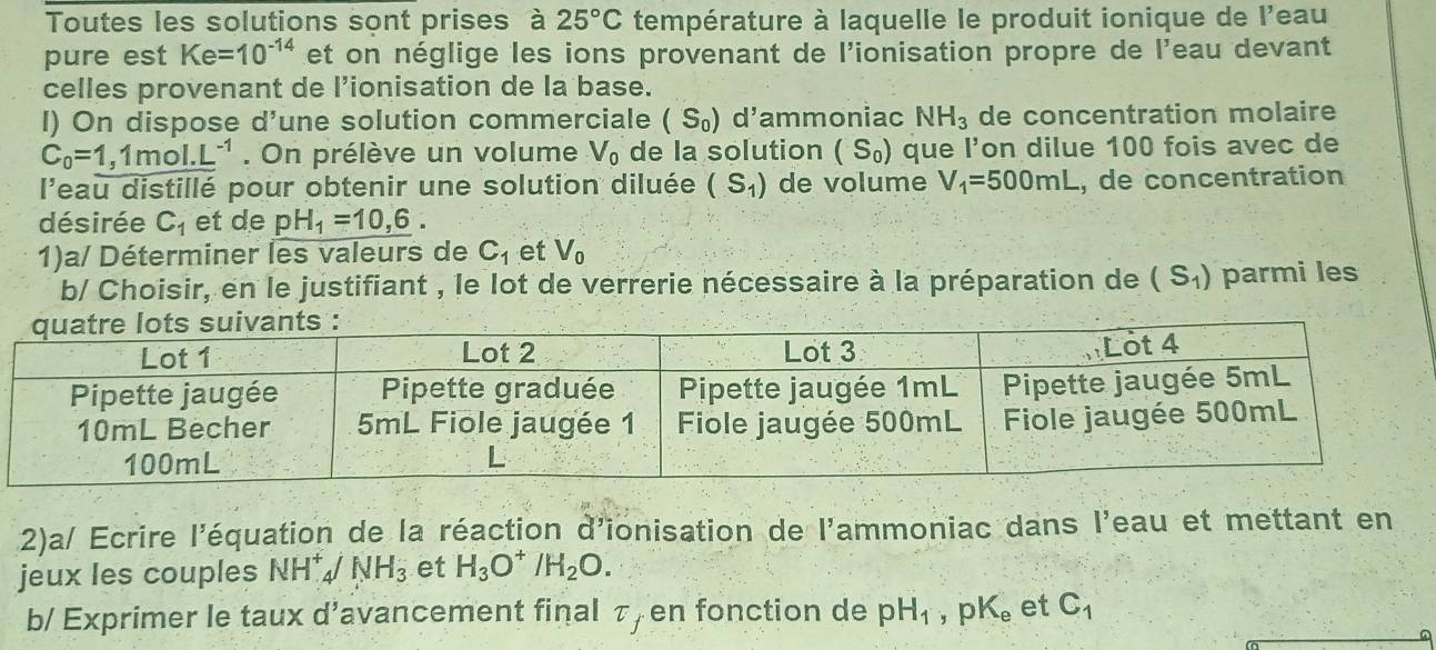 Toutes les solutions sont prises à 25°C température à laquelle le produit ionique de l'eau 
pure est Ke=10^(-14) et on néglige les ions provenant de l'ionisation propre de l'eau devant 
celles provenant de l’ionisation de la base. 
I) On dispose d’une solution commerciale (S_0) d’ammoniac NH_3 de concentration molaire
C_0=1,1mol.L^(-1). On prélève un volume V_0 de la solution (S_0) que l’on dilue 100 fois avec de 
l'eau distillé pour obtenir une solution diluée (S_1) de volume V_1=500mL , de concentration 
désirée C_1 et de pH_1=10,6. 
1)a/ Déterminer les valeurs de C_1 et V_0
b/ Choisir, en le justifiant , le lot de verrerie nécessaire à la préparation de (S_1) parmi les 
2)a/ Ecrire l'équation de la réaction d'ionisation de l'ammoniac dans l'eau et mettant en 
jeux les couples NH^+ _4/NH_3 et H_3O^+/H_2O. 
b/ Exprimer le taux d’avancement final τ, en fonction de pH_1, pK_e et C_1