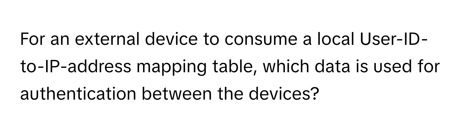 For an external device to consume a local User-ID-to-IP-address mapping table, which data is used for authentication between the devices?