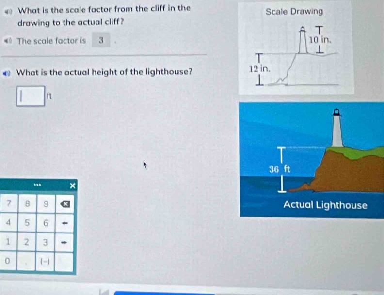 What is the scale factor from the cliff in the Scale Drawing
drawing to the actual cliff ?
The scale factor is 3 10 in.
a What is the actual height of the lighthouse? 12 in.
| ft