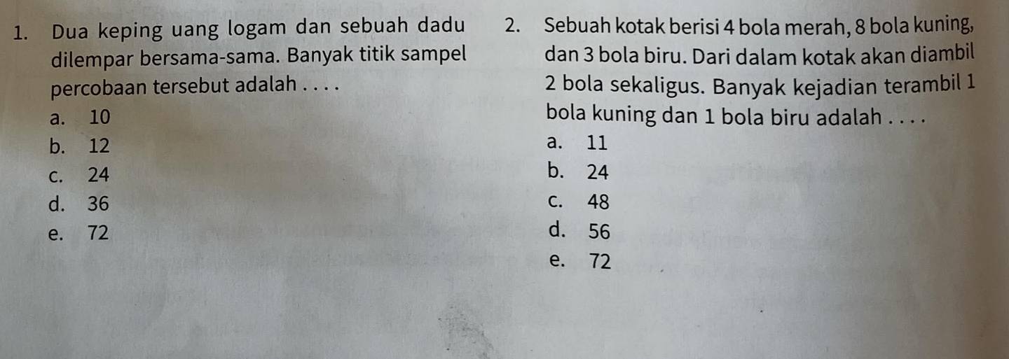 Dua keping uang logam dan sebuah dadu 2. Sebuah kotak berisi 4 bola merah, 8 bola kuning,
dilempar bersama-sama. Banyak titik sampel dan 3 bola biru. Dari dalam kotak akan diambil
percobaan tersebut adalah . . . . 2 bola sekaligus. Banyak kejadian terambil 1
a. 10 bola kuning dan 1 bola biru adalah . . . .
b. 12 a. 11
c. 24 b. 24
d. 36 c. 48
e. 72 d. 56
e. 72